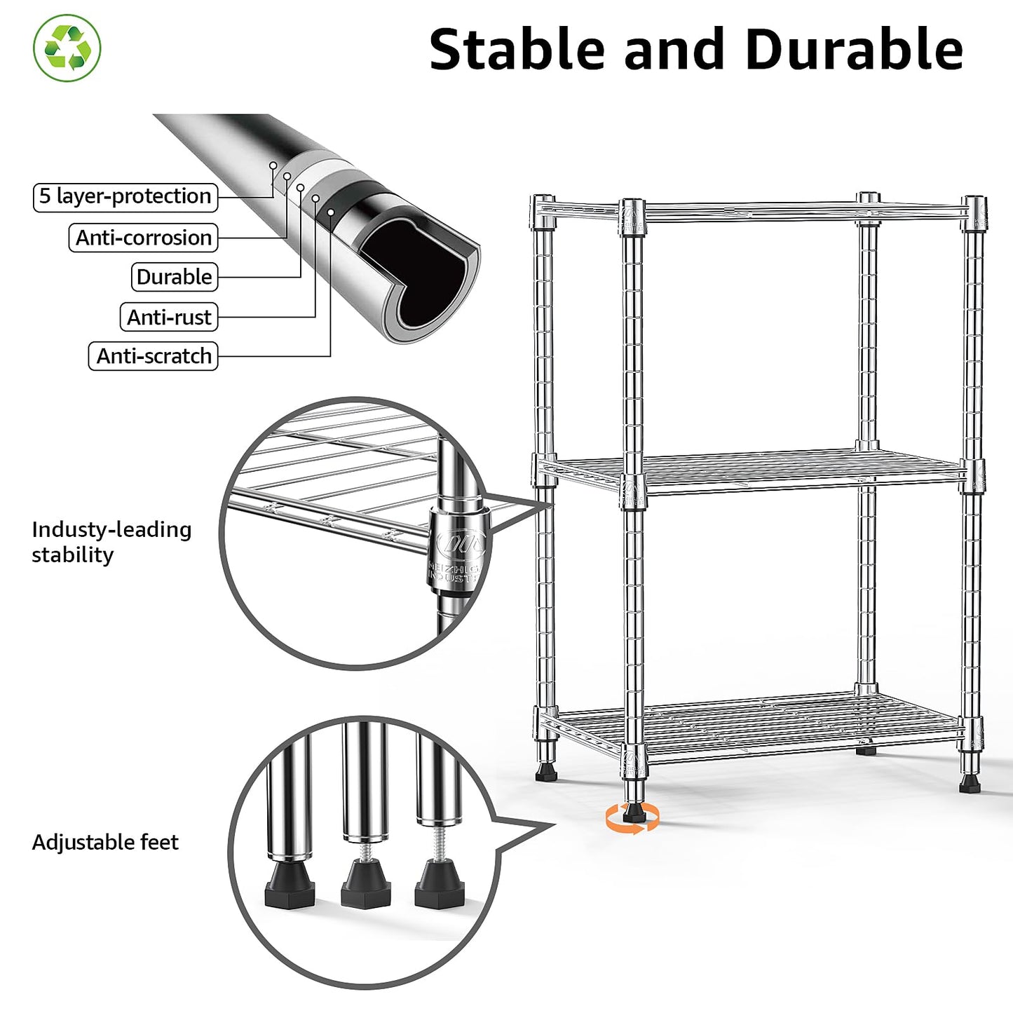 MZG 3-Tier Heavy Duty Metal Wire Storage Shelving Unit Adjustable Organizer NEW