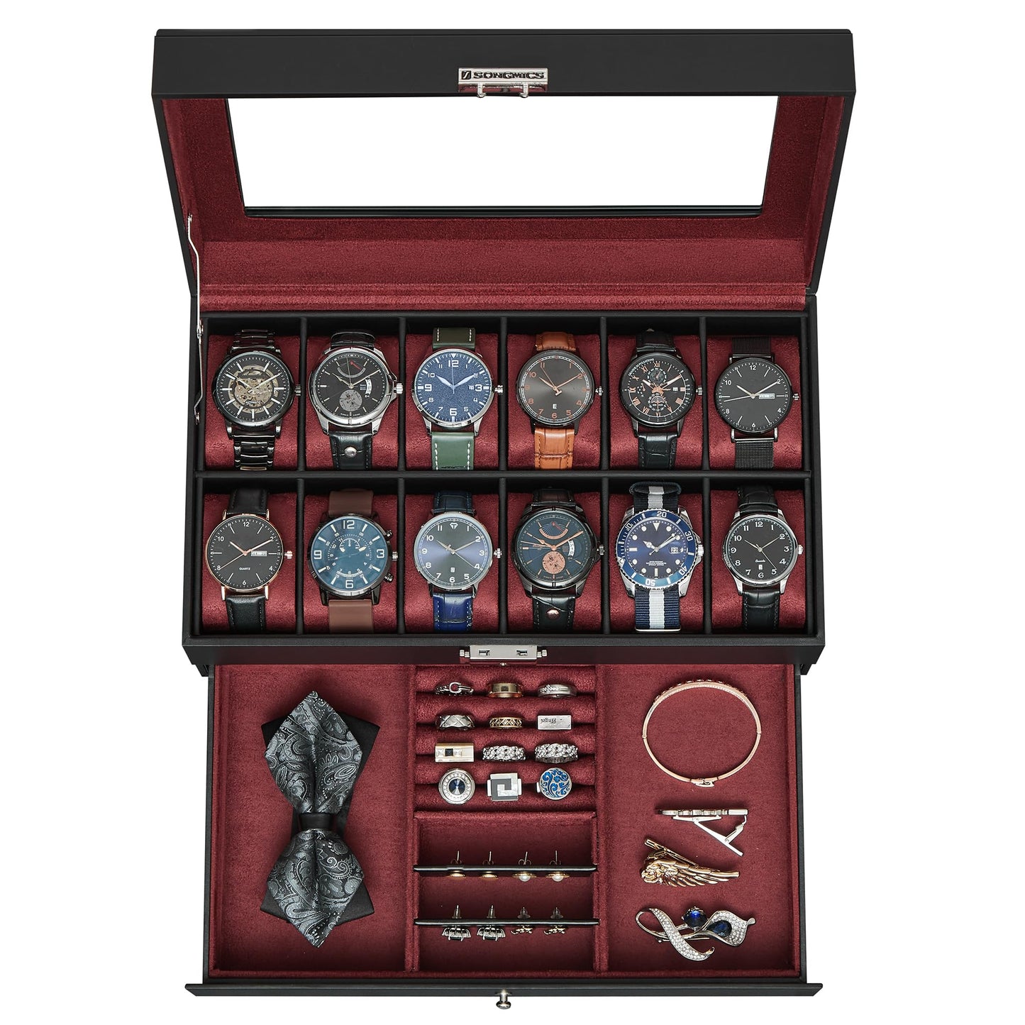 SONGMICS 12-Slot Lockable Watch Box with 2 Layers and Glass Lid, Black DEMO