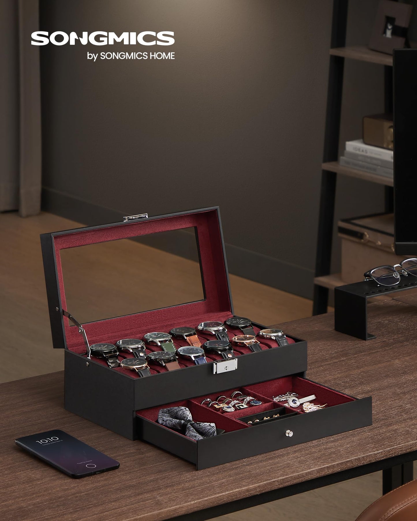 SONGMICS 12-Slot Lockable Watch Box with 2 Layers and Glass Lid, Black DEMO