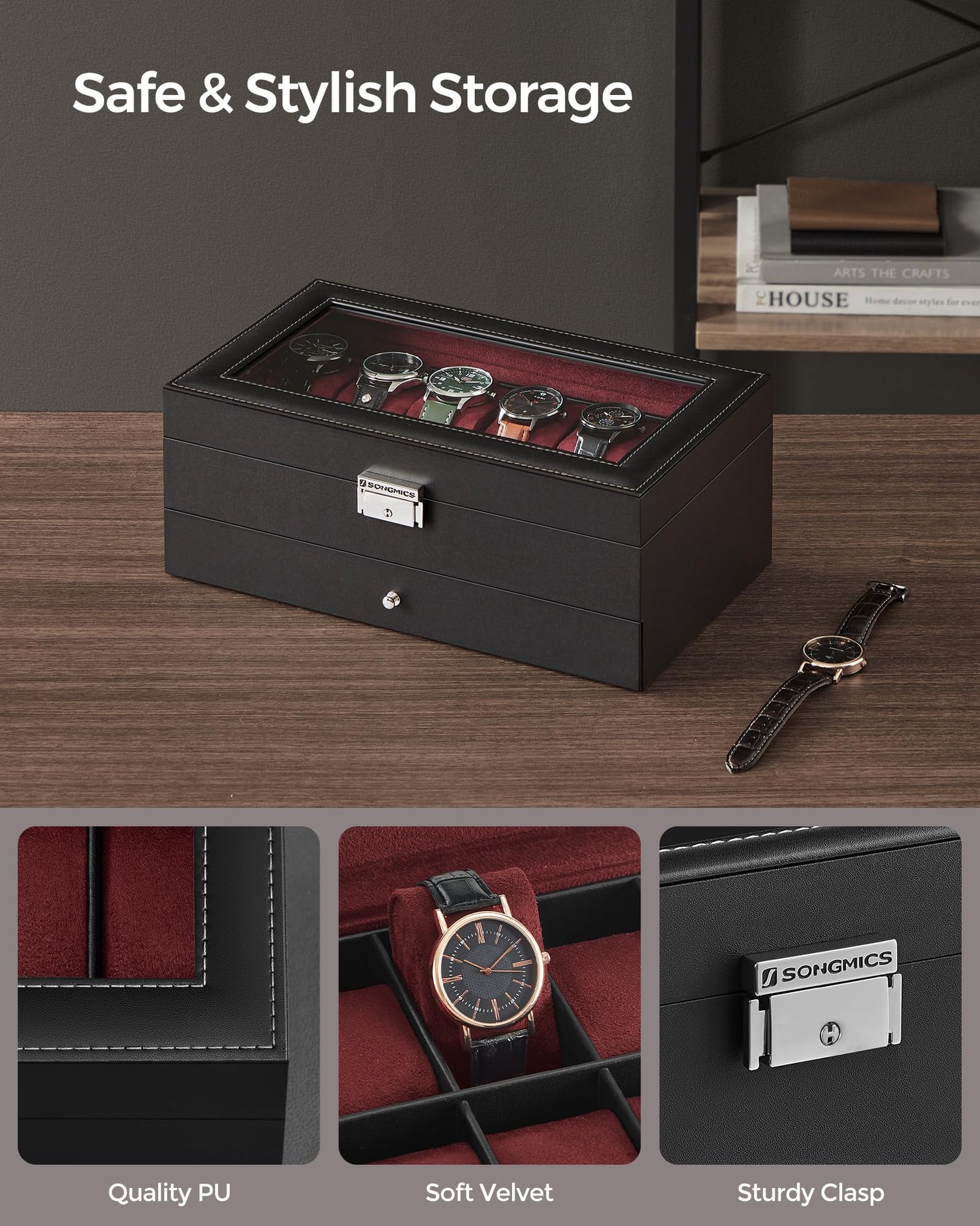 SONGMICS 12-Slot Lockable Watch Box with 2 Layers and Glass Lid, Black DEMO
