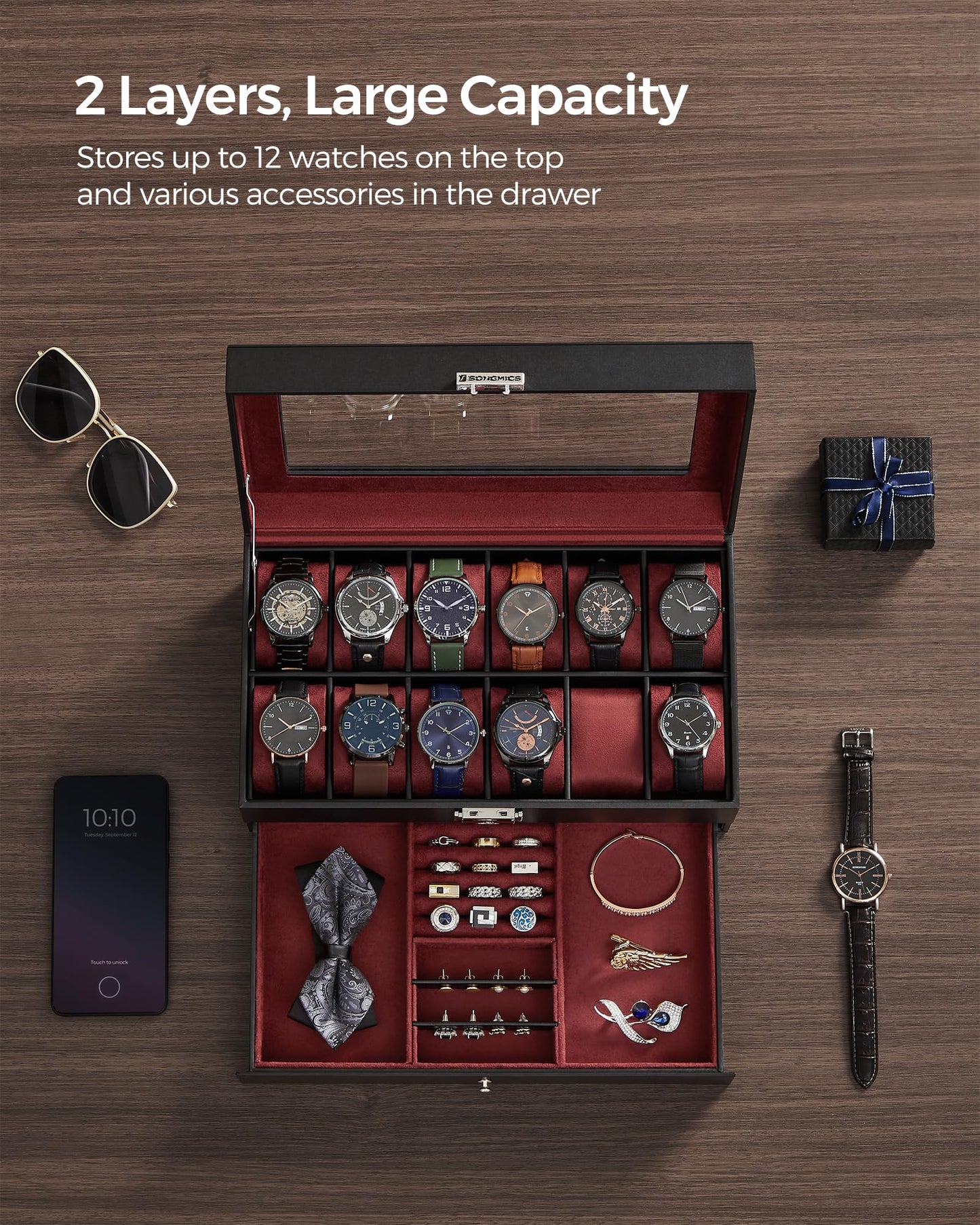 SONGMICS 12-Slot Lockable Watch Box with 2 Layers and Glass Lid, Black DEMO