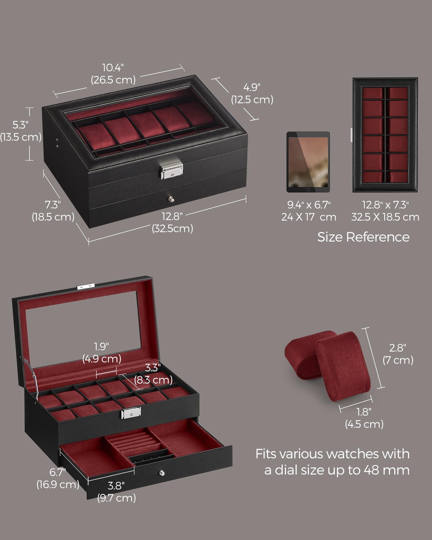 SONGMICS 12-Slot Lockable Watch Box with 2 Layers and Glass Lid, Black DEMO