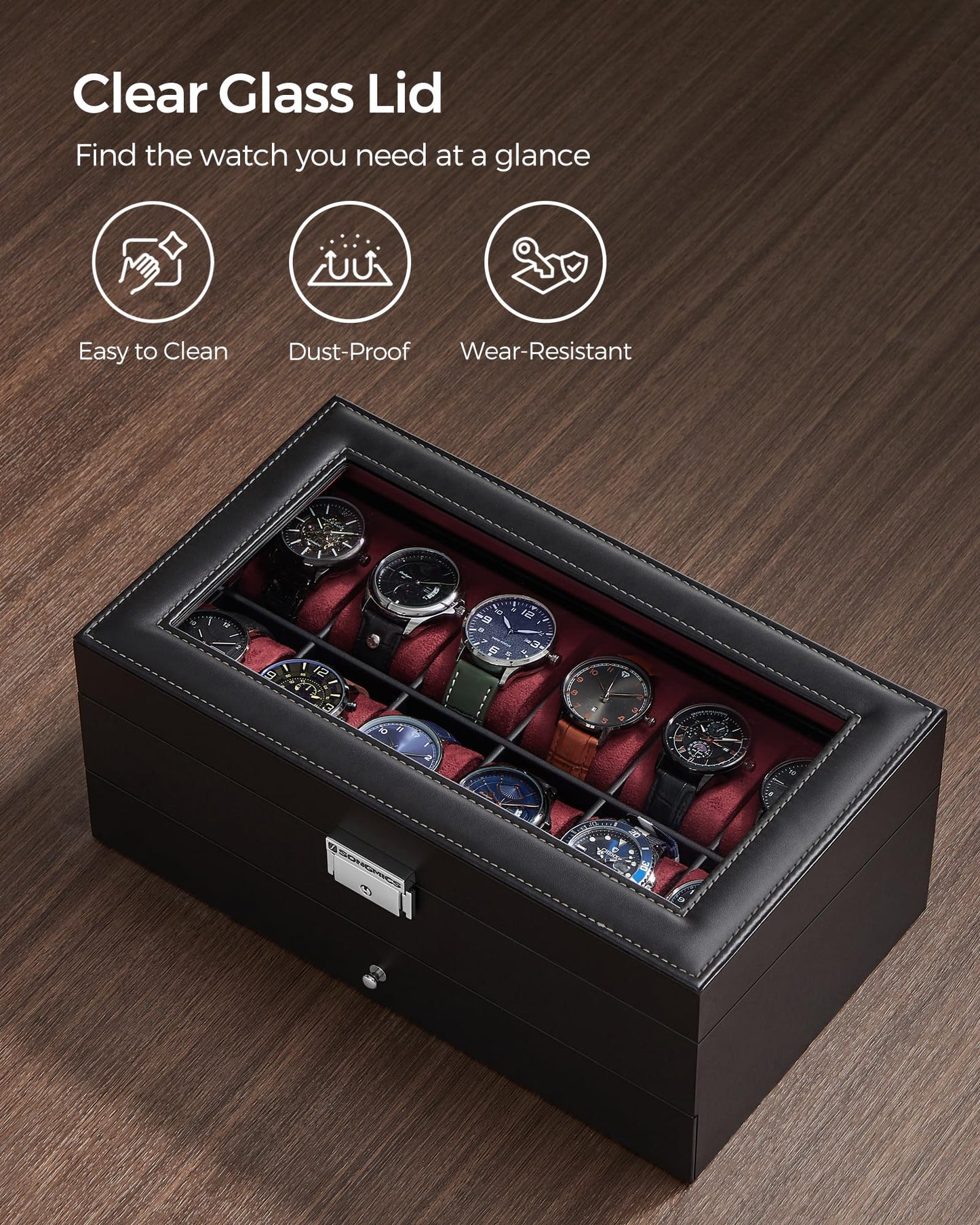 SONGMICS 12-Slot Lockable Watch Box with 2 Layers and Glass Lid, Black DEMO