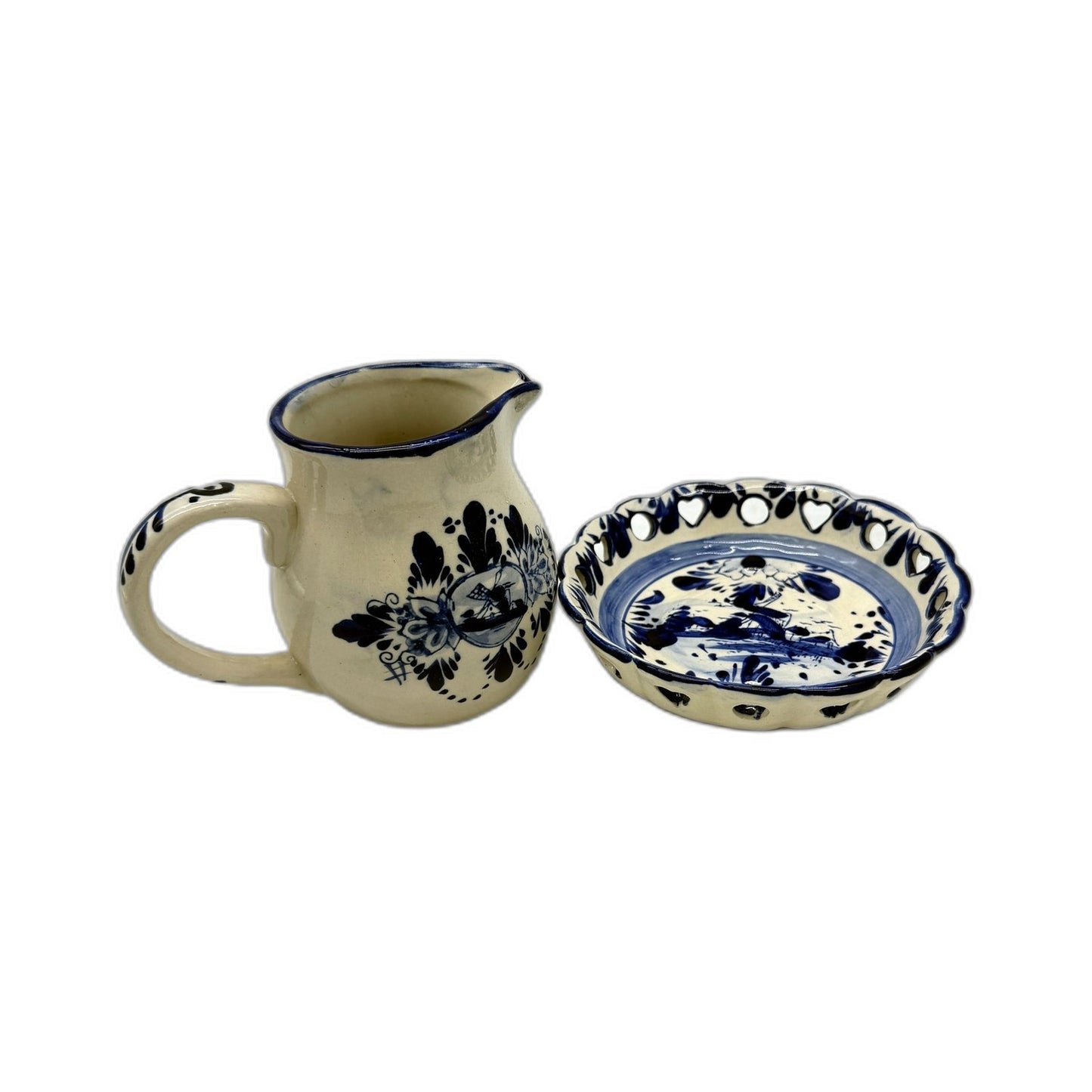 VINTAGE Holland Type Hand Painted Ceramic Pitcher and Bowl Set Blue White Delft