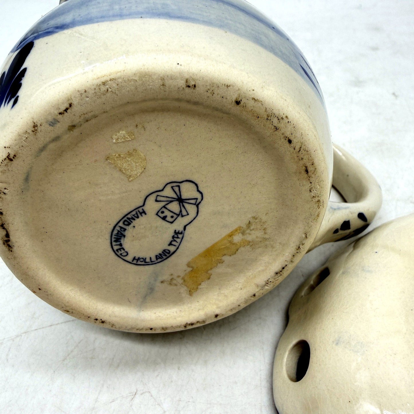 VINTAGE Holland Type Hand Painted Ceramic Pitcher and Bowl Set Blue White Delft