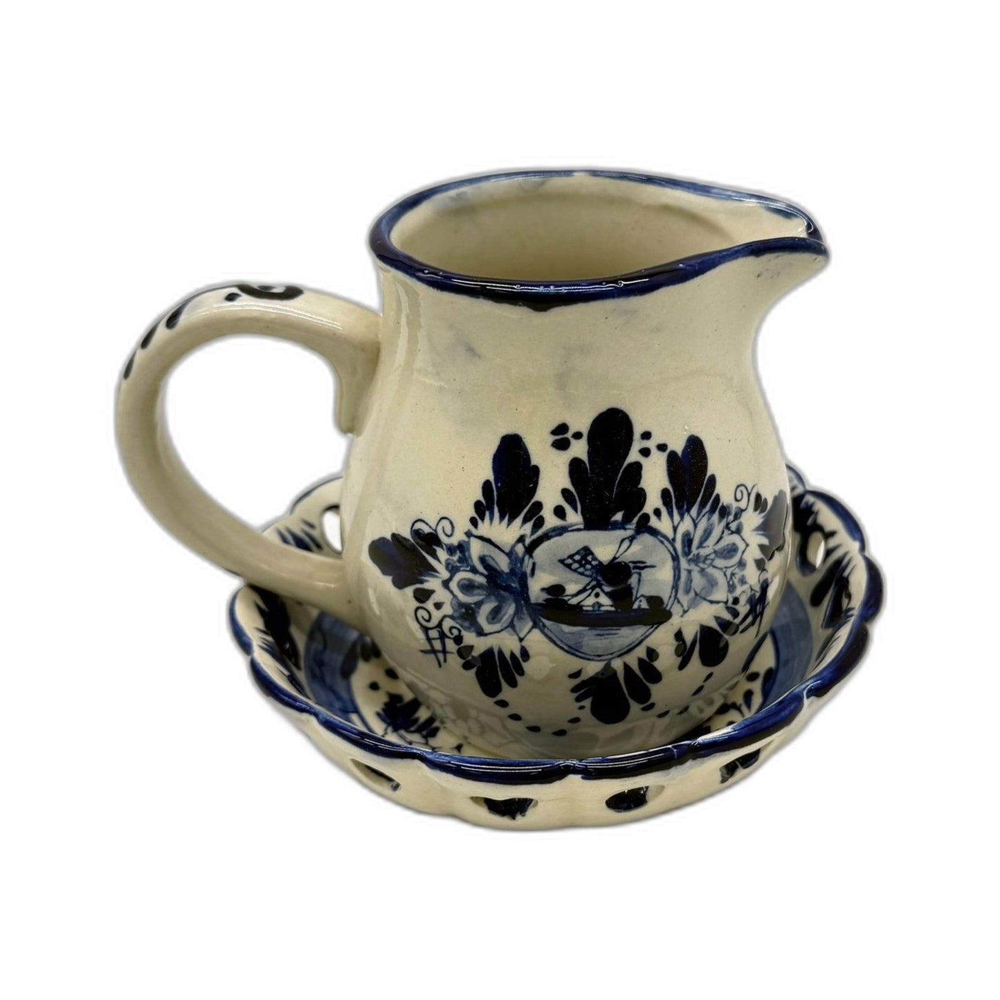 VINTAGE Holland Type Hand Painted Ceramic Pitcher and Bowl Set Blue White Delft