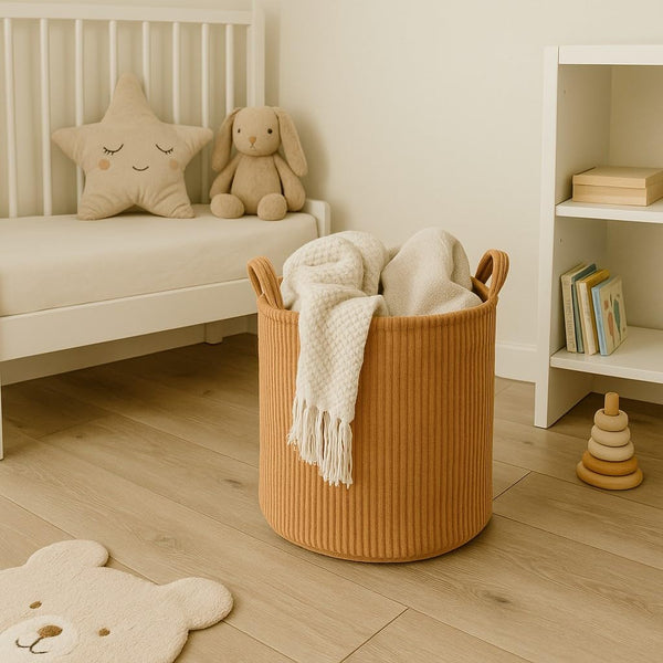 PUTSKA Small Velvet Corduroy Blanket Basket Round Storage for Clothes NEW