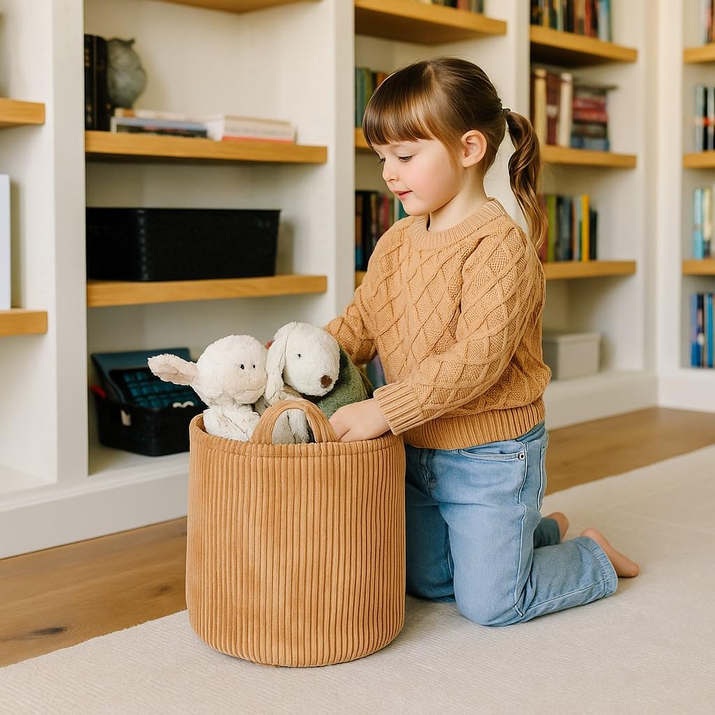 PUTSKA Small Velvet Corduroy Blanket Basket Round Storage for Clothes NEW