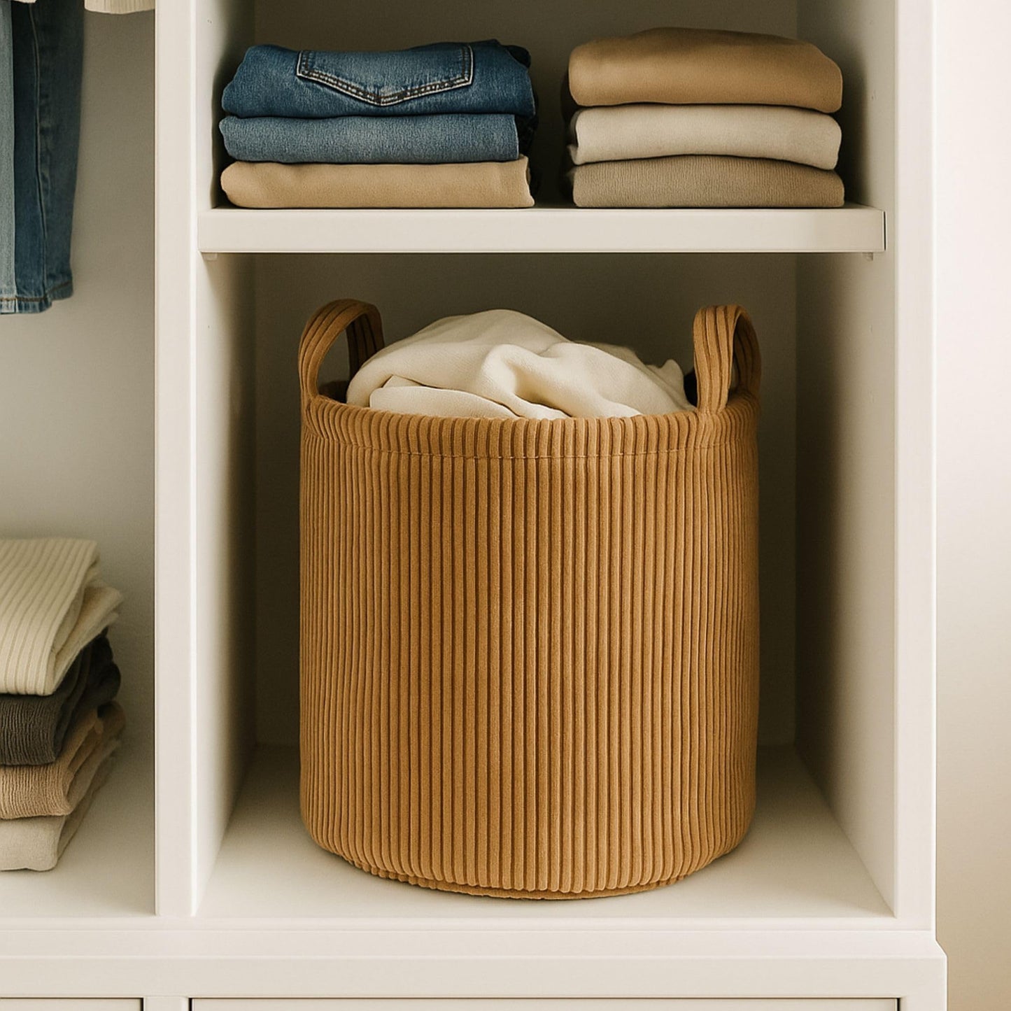 PUTSKA Small Velvet Corduroy Blanket Basket Round Storage for Clothes NEW