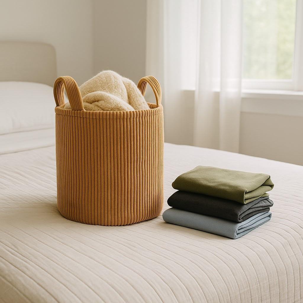 PUTSKA Small Velvet Corduroy Blanket Basket Round Storage for Clothes NEW