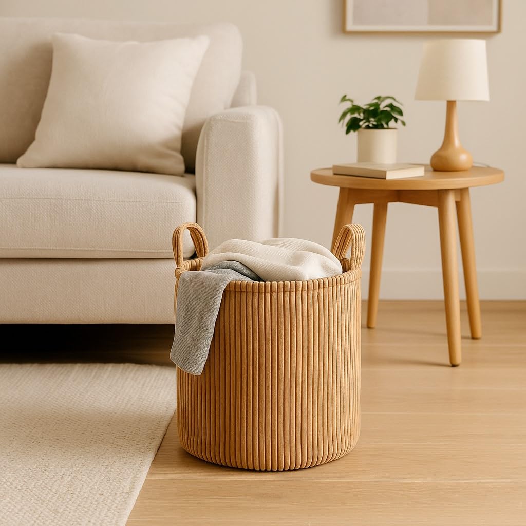 PUTSKA Small Velvet Corduroy Blanket Basket Round Storage for Clothes NEW