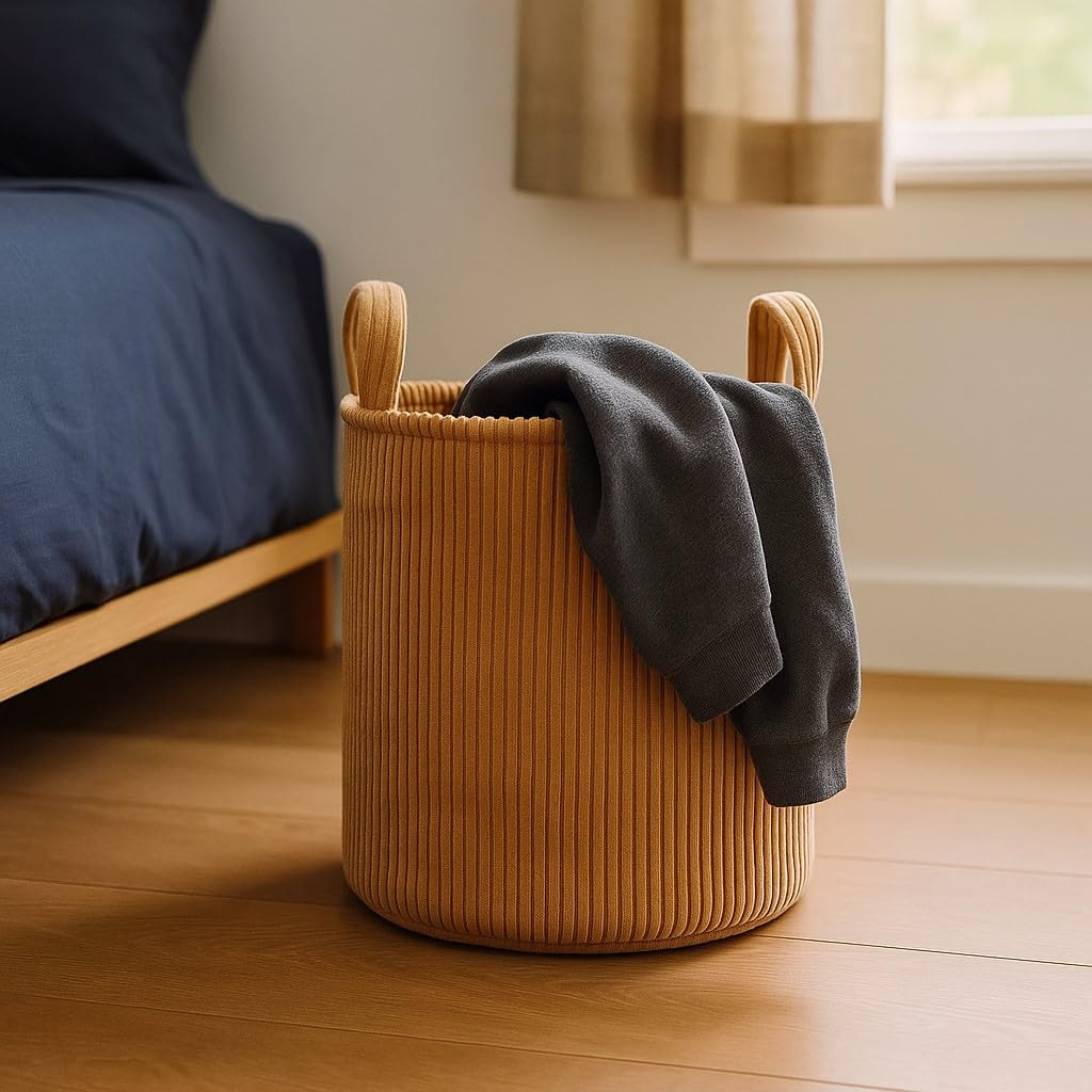 PUTSKA Small Velvet Corduroy Blanket Basket Round Storage for Clothes NEW