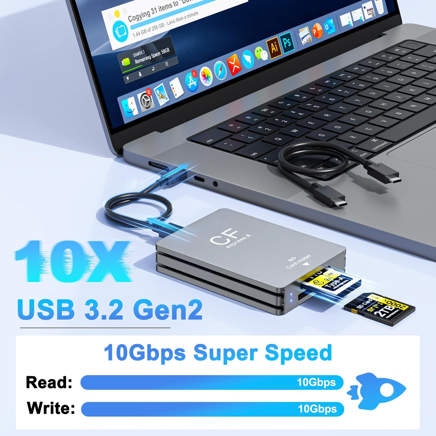 Derwav External Memory Card Reader USB 3.2 Gen 2 10Gbps Dual-Slot Gray NEW