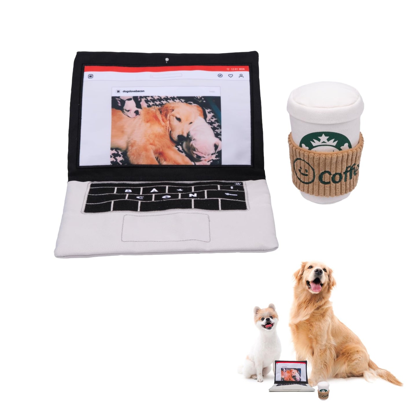 BACONBOX Laptop & Coffee Cup Dog Toy Set, Squeaky Crinkle Plush Toy NEW