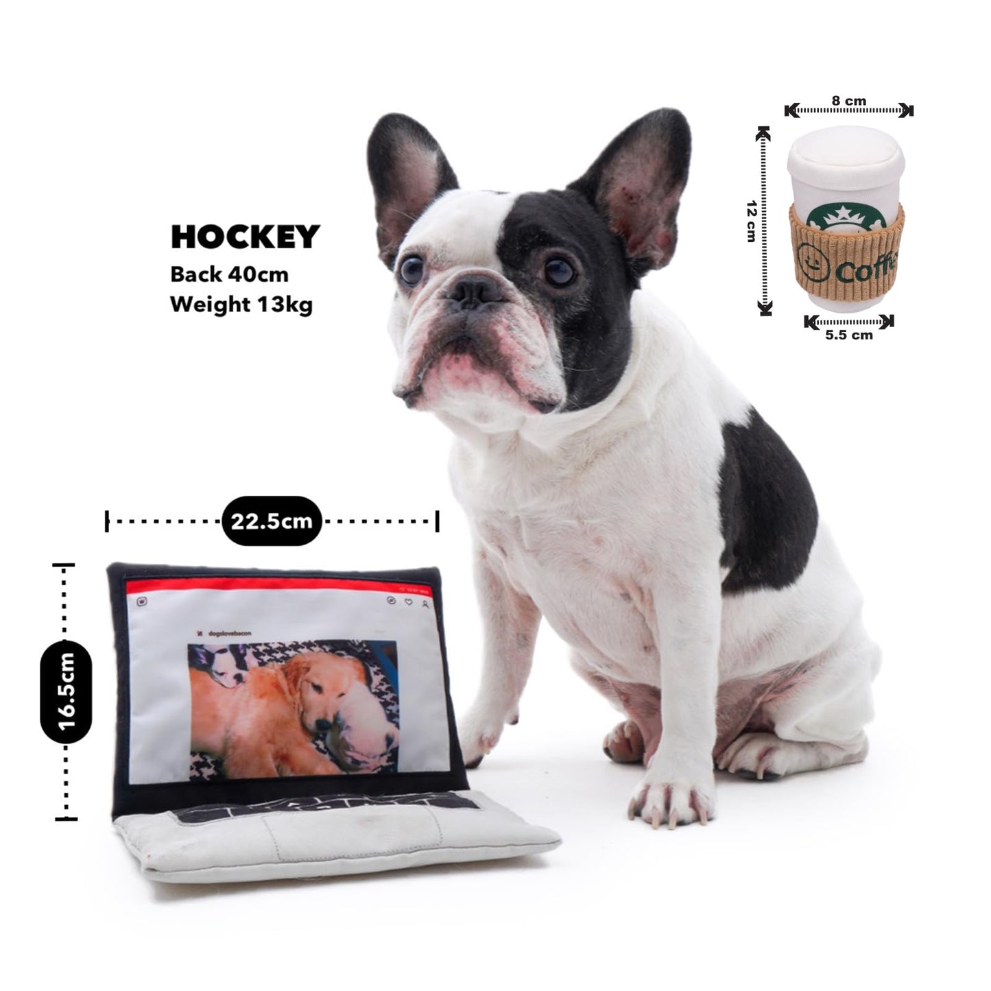 BACONBOX Laptop & Coffee Cup Dog Toy Set, Squeaky Crinkle Plush Toy NEW