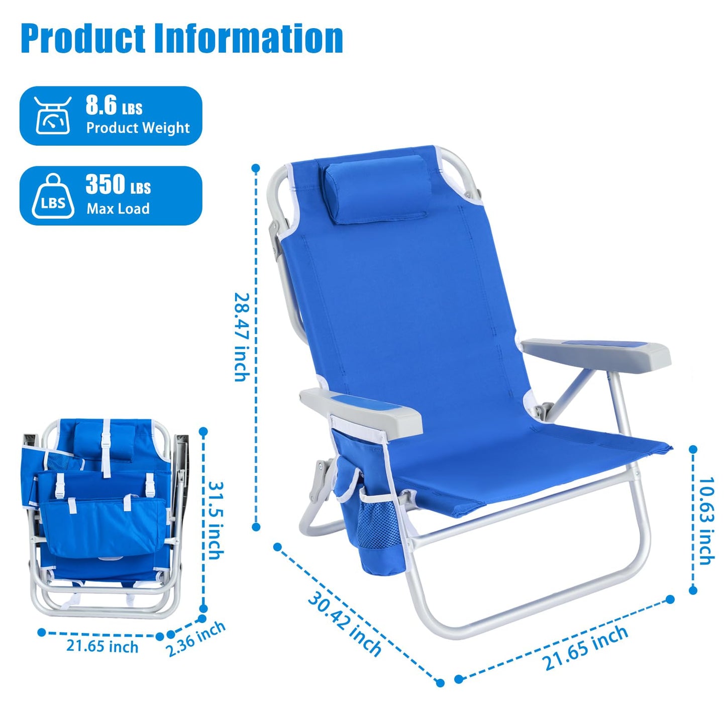 SunnyFeel Reclining Chairs Outdoor Folding Lounge Chair 5 Position Blue NEW