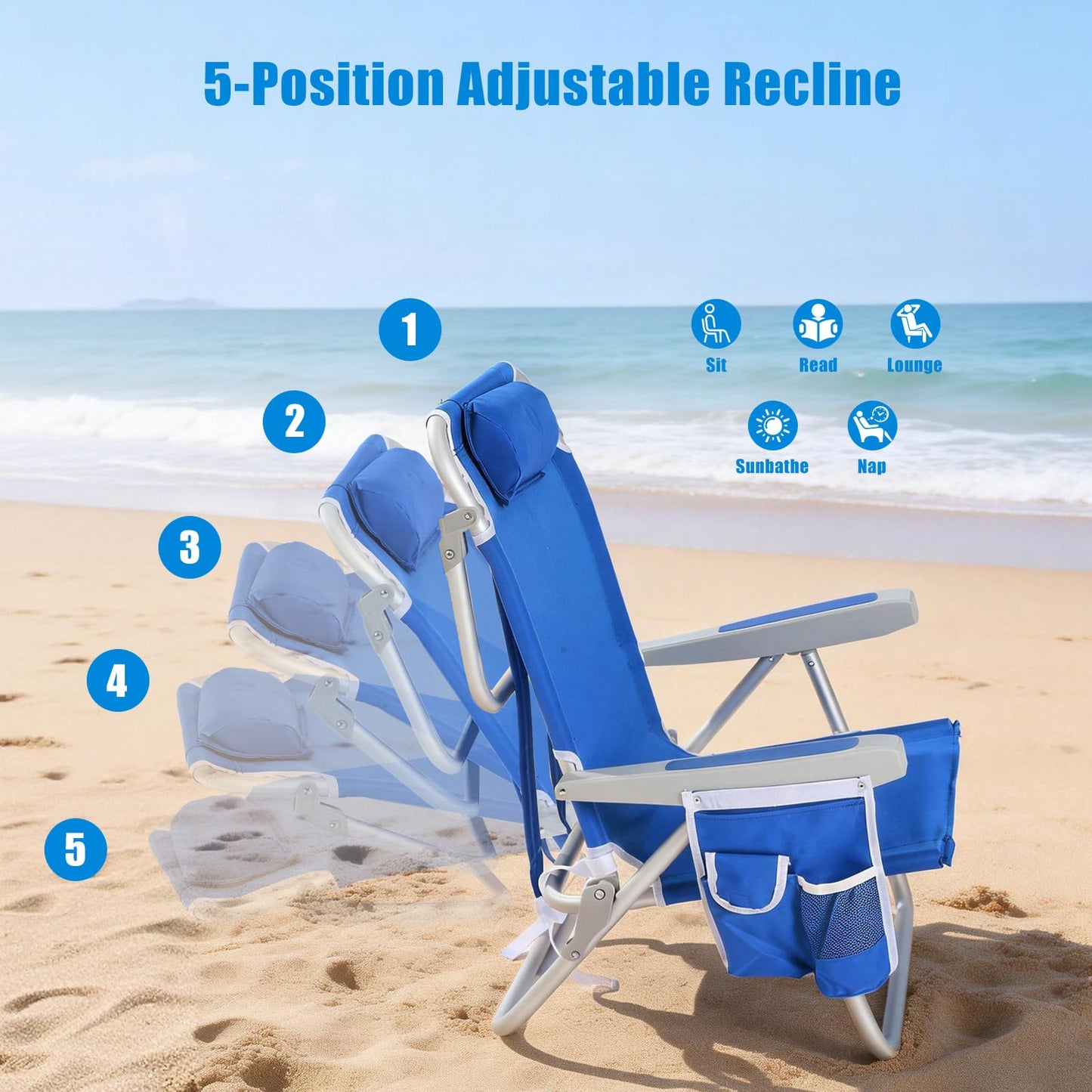 SunnyFeel Reclining Chairs Outdoor Folding Lounge Chair 5 Position Blue NEW
