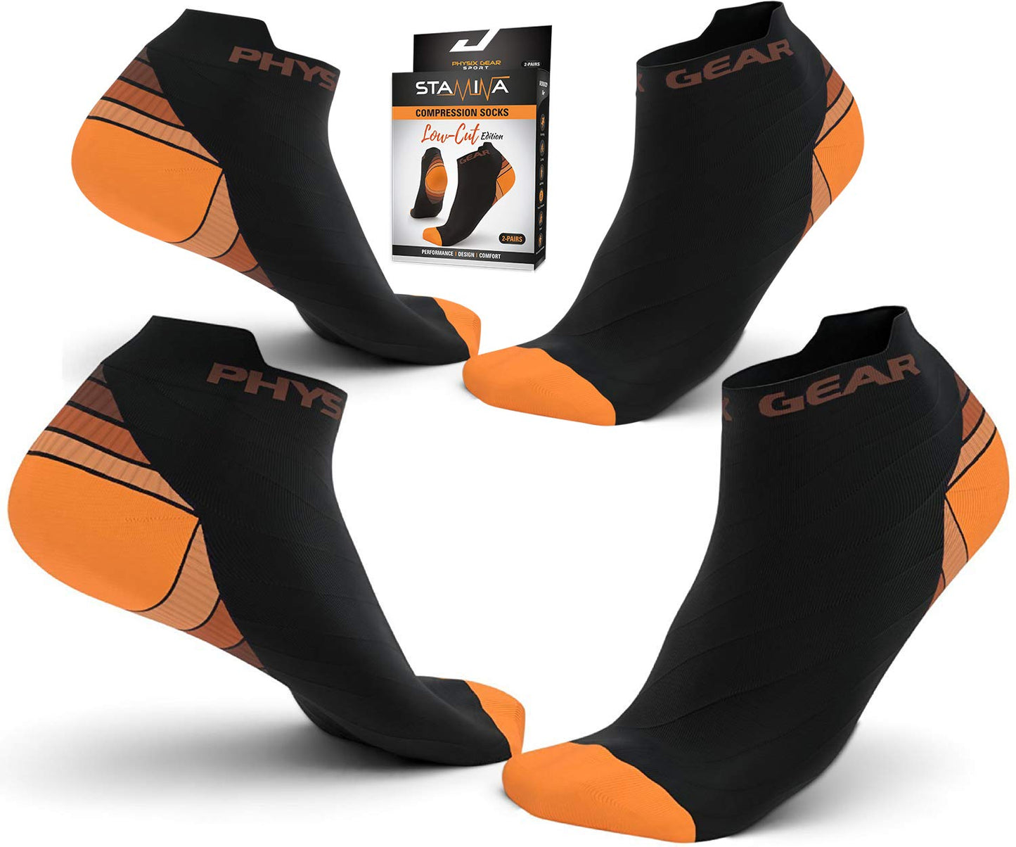 Physix Gear Sport Unisex Compression Low Cut Socks 2 Pairs Orange Black L/XL NEW