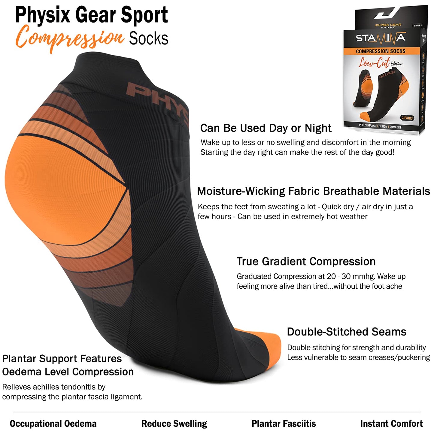 Physix Gear Sport Unisex Compression Low Cut Socks 2 Pairs Orange Black L/XL NEW