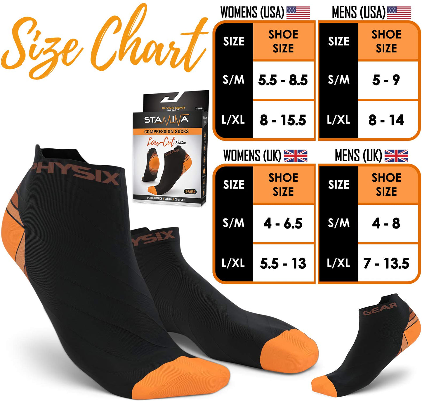 Physix Gear Sport Unisex Compression Low Cut Socks 2 Pairs Orange Black L/XL NEW
