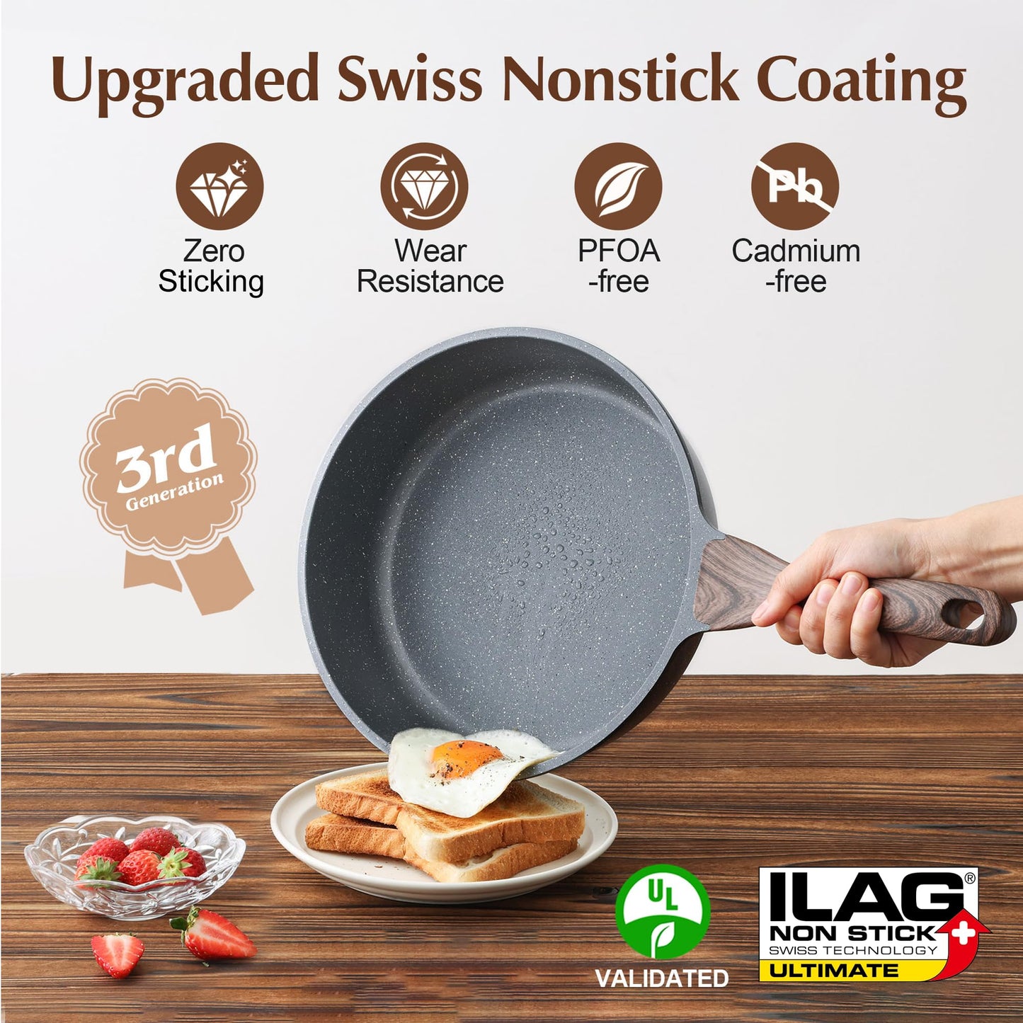 SENSARTE Nonstick Deep Frying Pan Skillet with Lid, Gray Saute for Cooking NEW