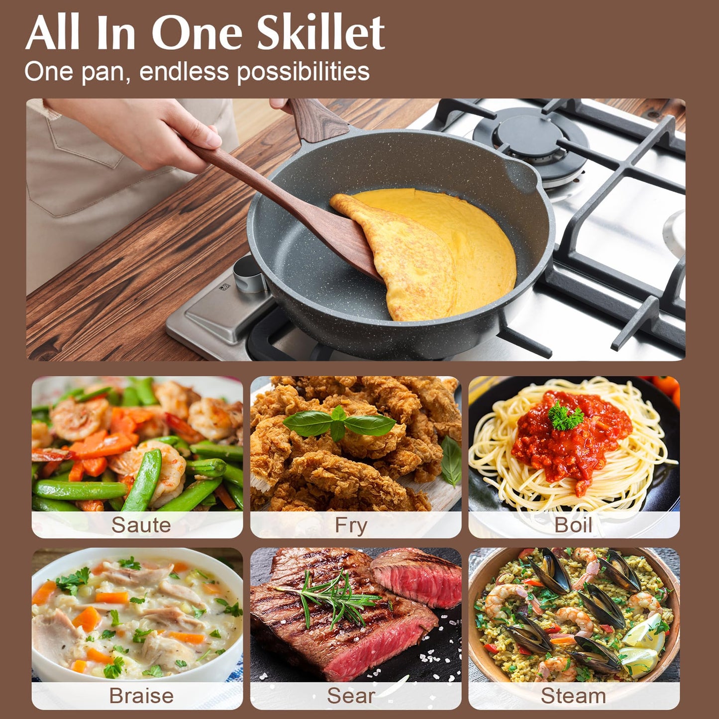 SENSARTE Nonstick Deep Frying Pan Skillet with Lid, Gray Saute for Cooking NEW