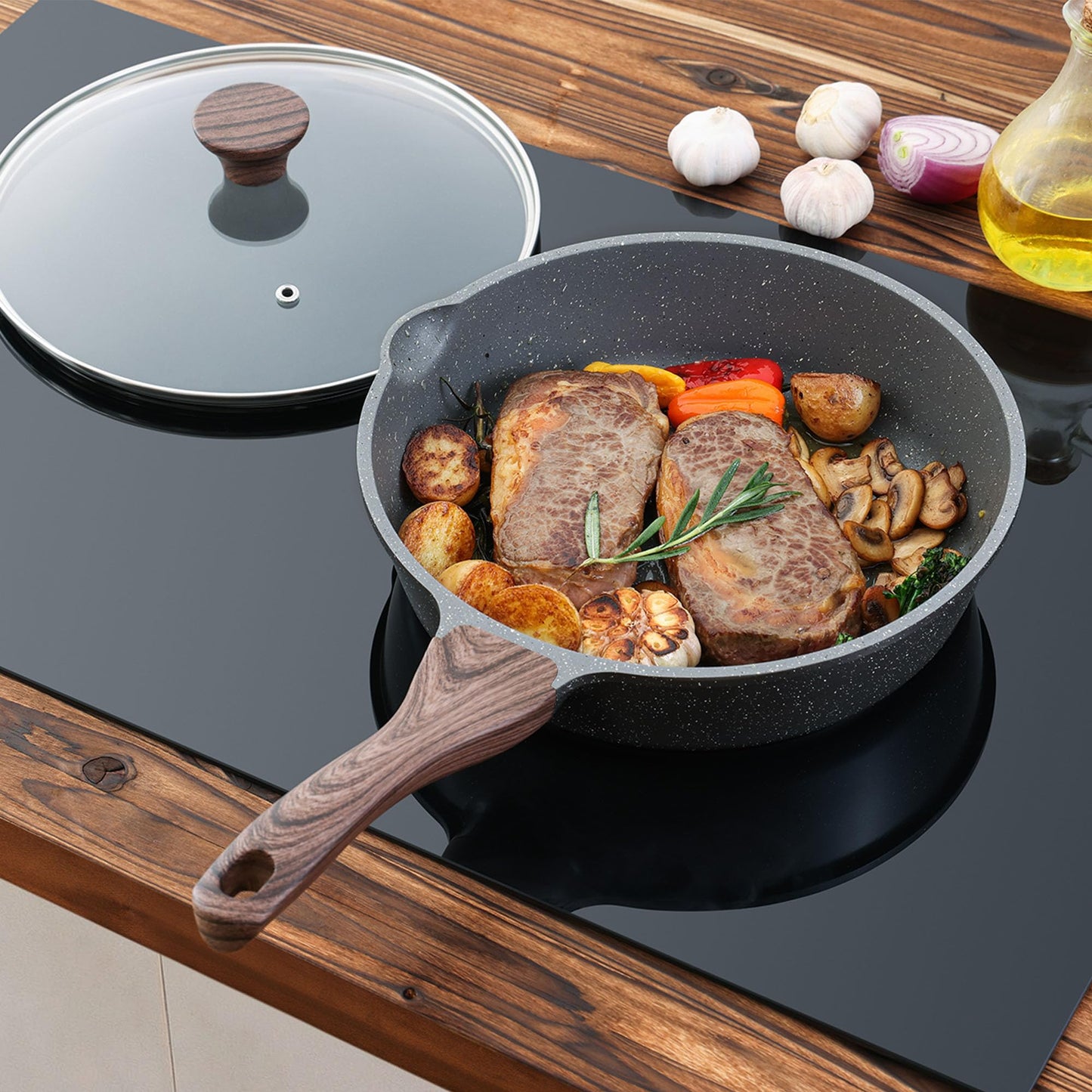 SENSARTE Nonstick Deep Frying Pan Skillet with Lid, Gray Saute for Cooking NEW