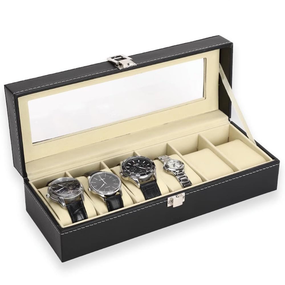 TOMVAES Faux Leather 6 Watch Display Case Box for Home Decor, Black DEMO