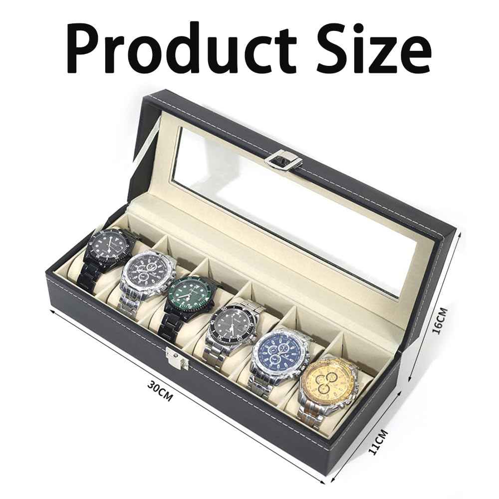 TOMVAES Faux Leather 6 Watch Display Case Box for Home Decor, Black DEMO