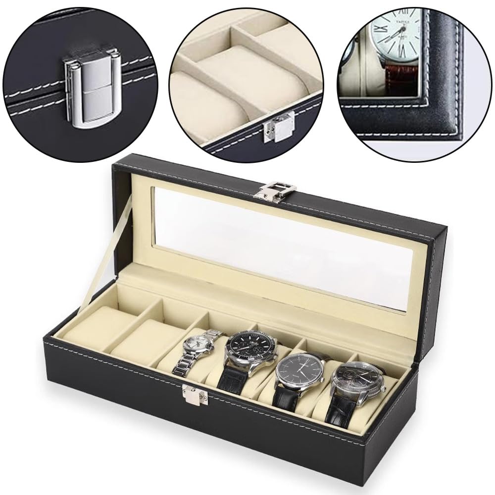 TOMVAES Faux Leather 6 Watch Display Case Box for Home Decor, Black DEMO