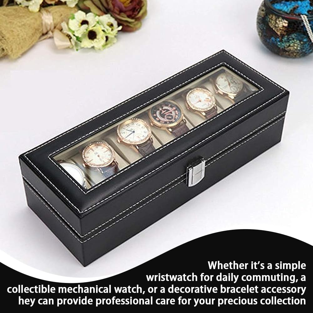 TOMVAES Faux Leather 6 Watch Display Case Box for Home Decor, Black DEMO