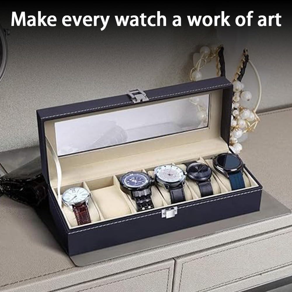 TOMVAES Faux Leather 6 Watch Display Case Box for Home Decor, Black DEMO