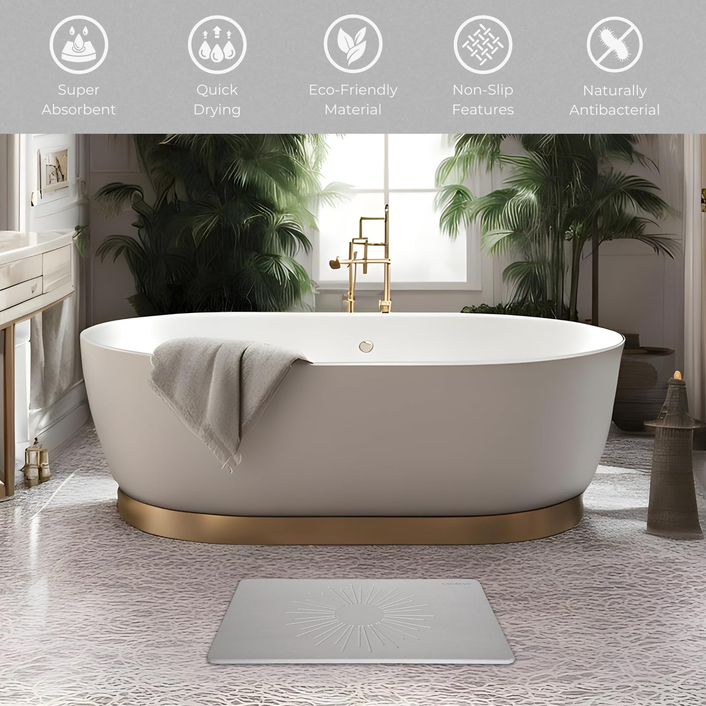 Natureva Diatomite Bath Mat Absorbent Quick Dry Non-Slip Aura Slate  NEW