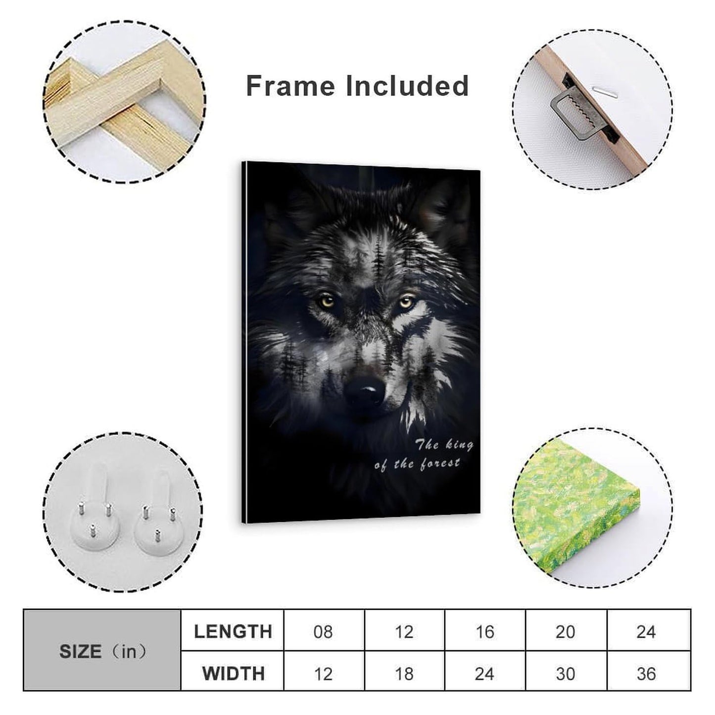 RFEHOP Wolf Black & White Printed Poster Canvas Framed Wall Art 16 x 24" NEW