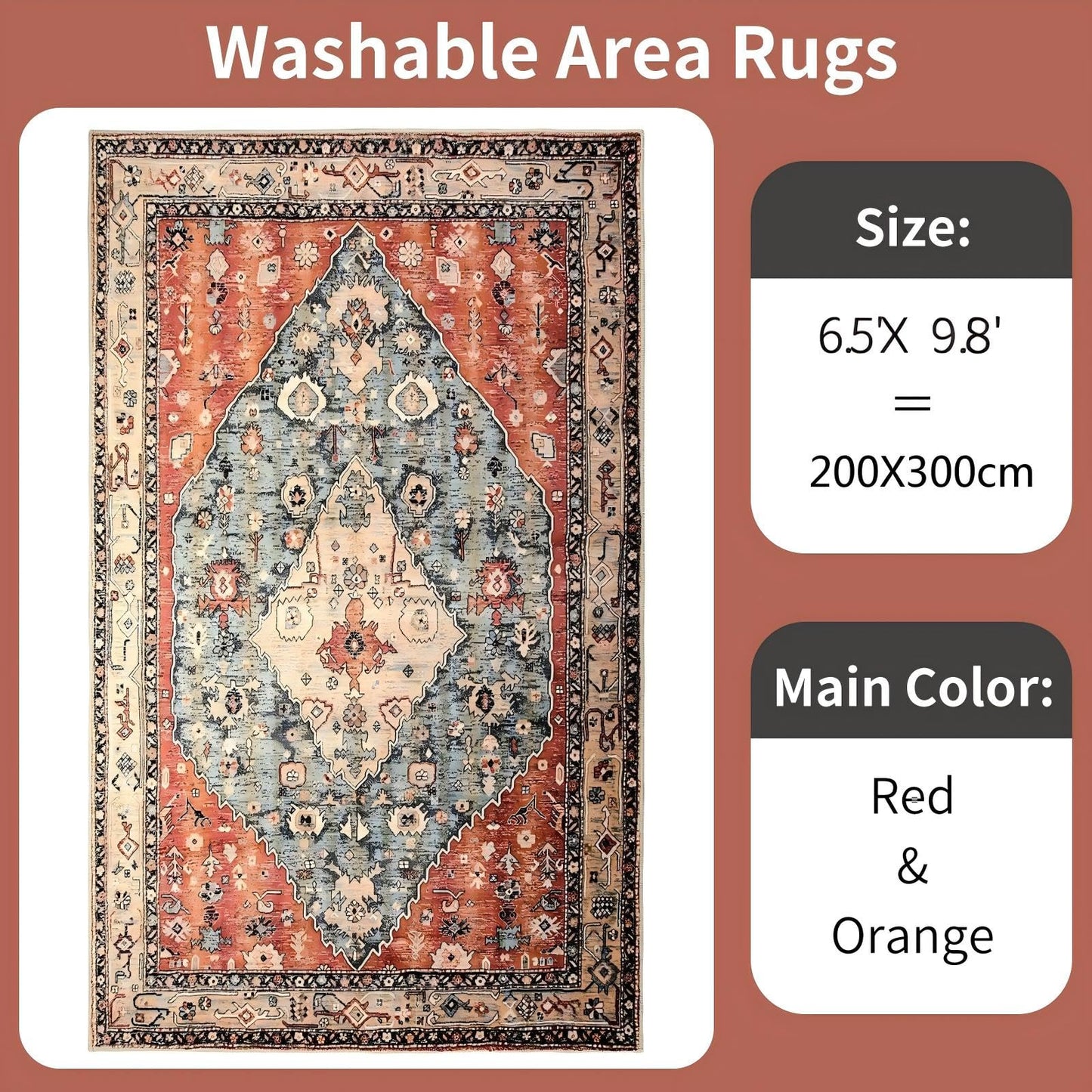 TFMODBFA 200 x 300 cm Non-Slip Washable Large Area Rug Orange-Red NEW