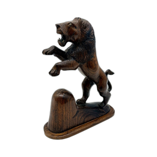 VINTAGE Hand Carved Rustic Brown Wooden Lion Figurine Animal Statue 23cm