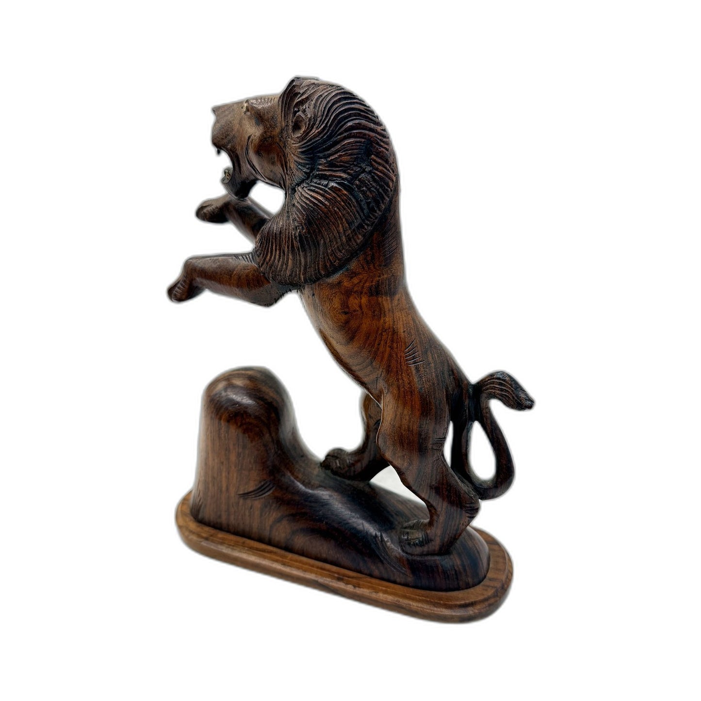 VINTAGE Hand Carved Rustic Brown Wooden Lion Figurine Animal Statue 23cm