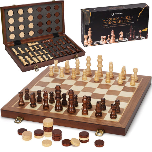 Dobceby 15" Folding Wooden Chess and Checkers Board Game Set for Adults NEW