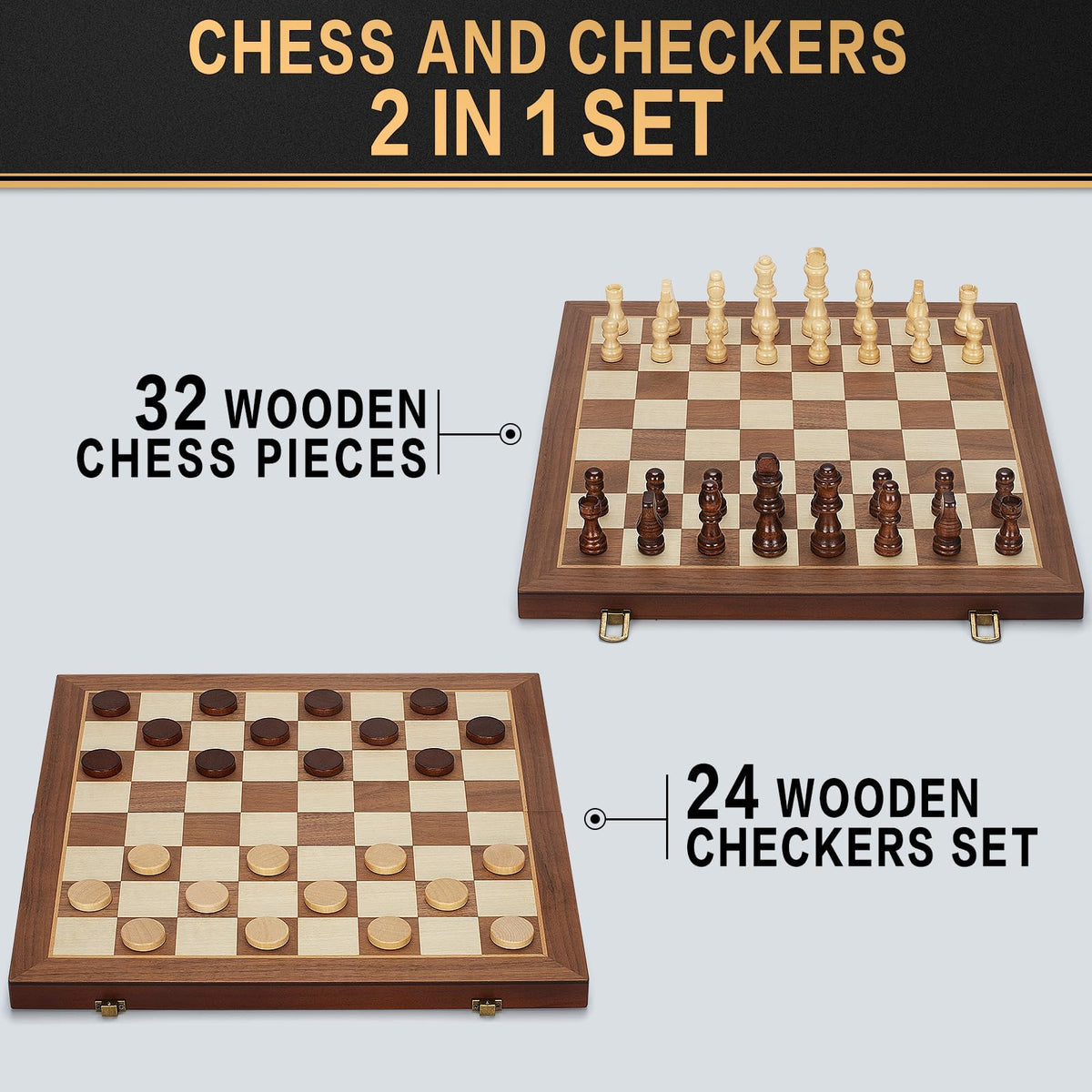 Dobceby 15" Folding Wooden Chess and Checkers Board Game Set for Adults NEW