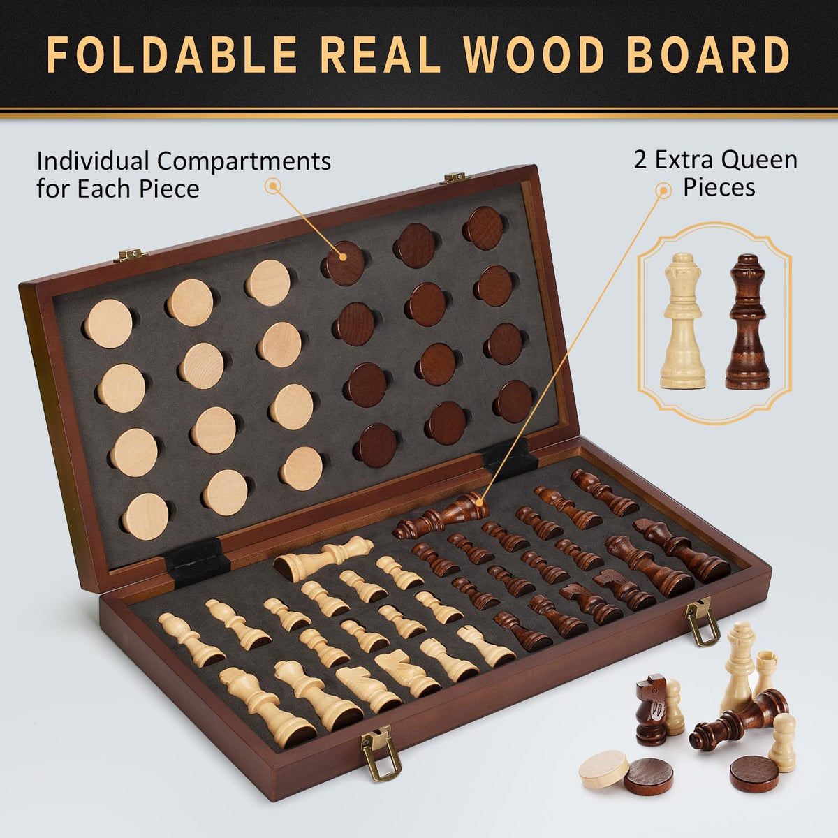 Dobceby 15" Folding Wooden Chess and Checkers Board Game Set for Adults NEW