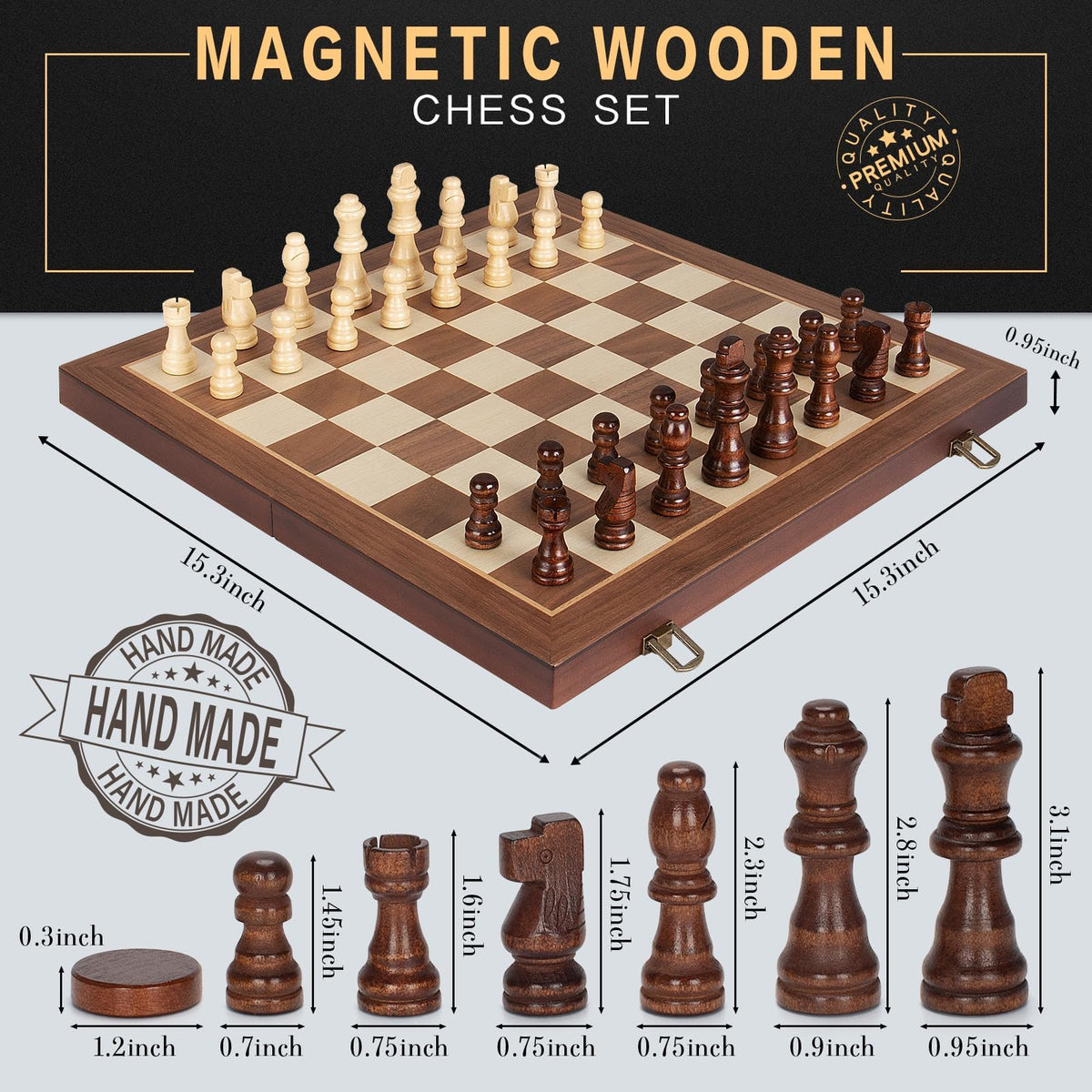 Dobceby 15" Folding Wooden Chess and Checkers Board Game Set for Adults NEW