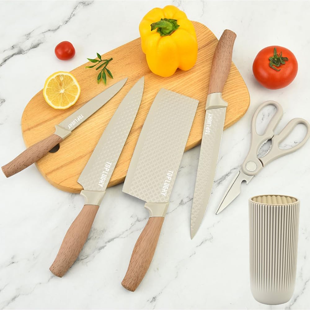 Anfower 6-Piece Block Sets Khaki Professional Knife Set for Chef Super NEW