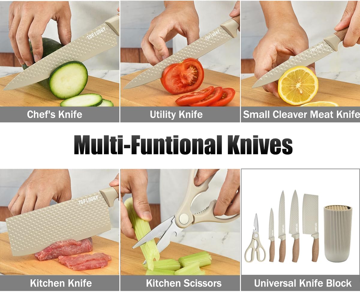 Anfower 6-Piece Block Sets Khaki Professional Knife Set for Chef Super NEW