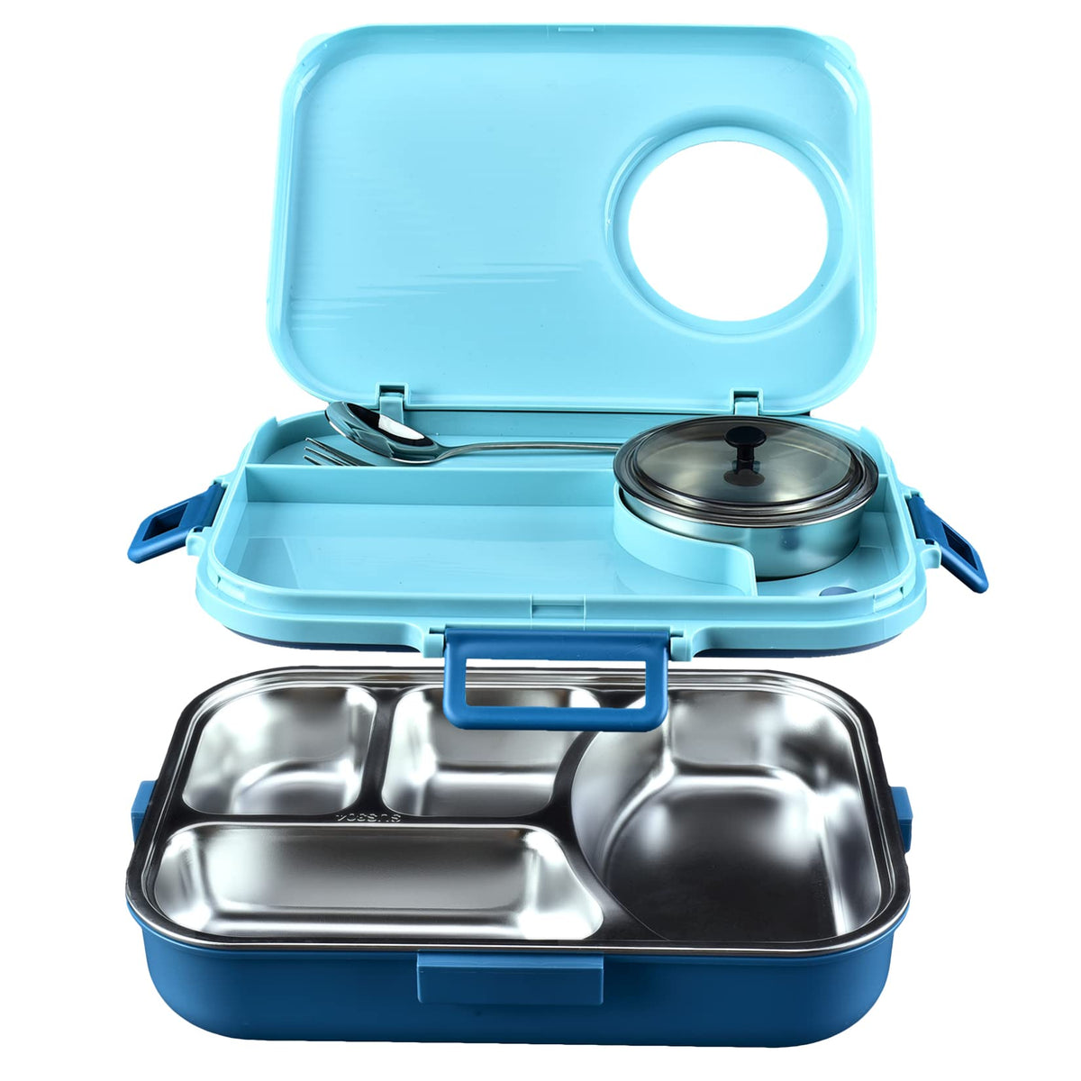 Siotenze Bento Lunch Box 4 Grid Stainless Steel Leak-Proof Insulated Blue NEW