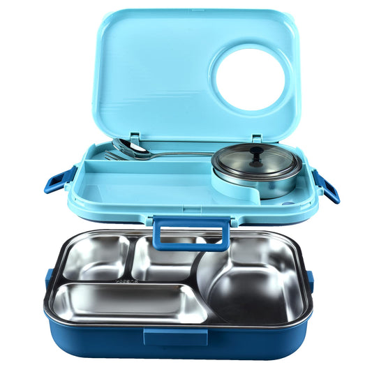 Siotenze Bento Lunch Box 4 Grid Stainless Steel Leak-Proof Insulated Blue NEW