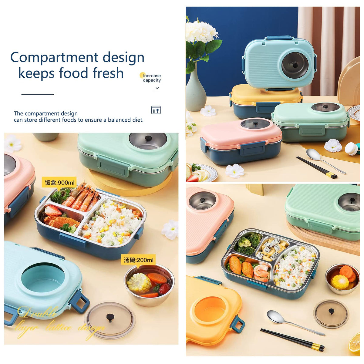 Siotenze Bento Lunch Box 4 Grid Stainless Steel Leak-Proof Insulated Blue NEW