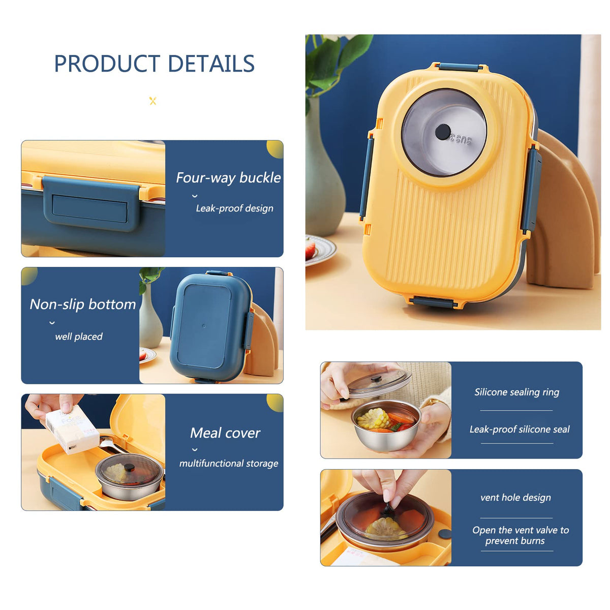 Siotenze Bento Lunch Box 4 Grid Stainless Steel Leak-Proof Insulated Blue NEW