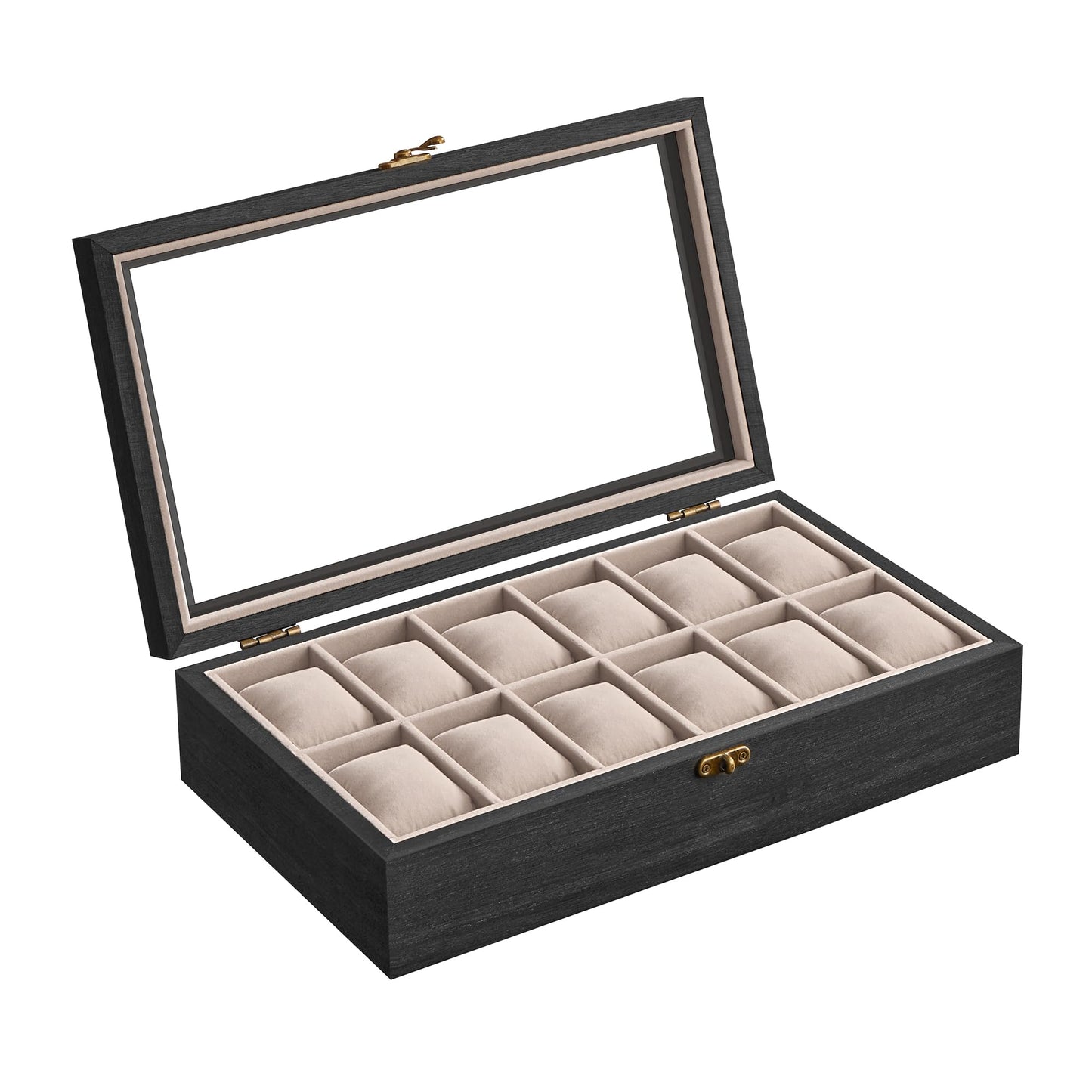 SONGMICS Solid Wood Watch Box Organizer with 12 Slots, Glass Lid, Ebony DEMO