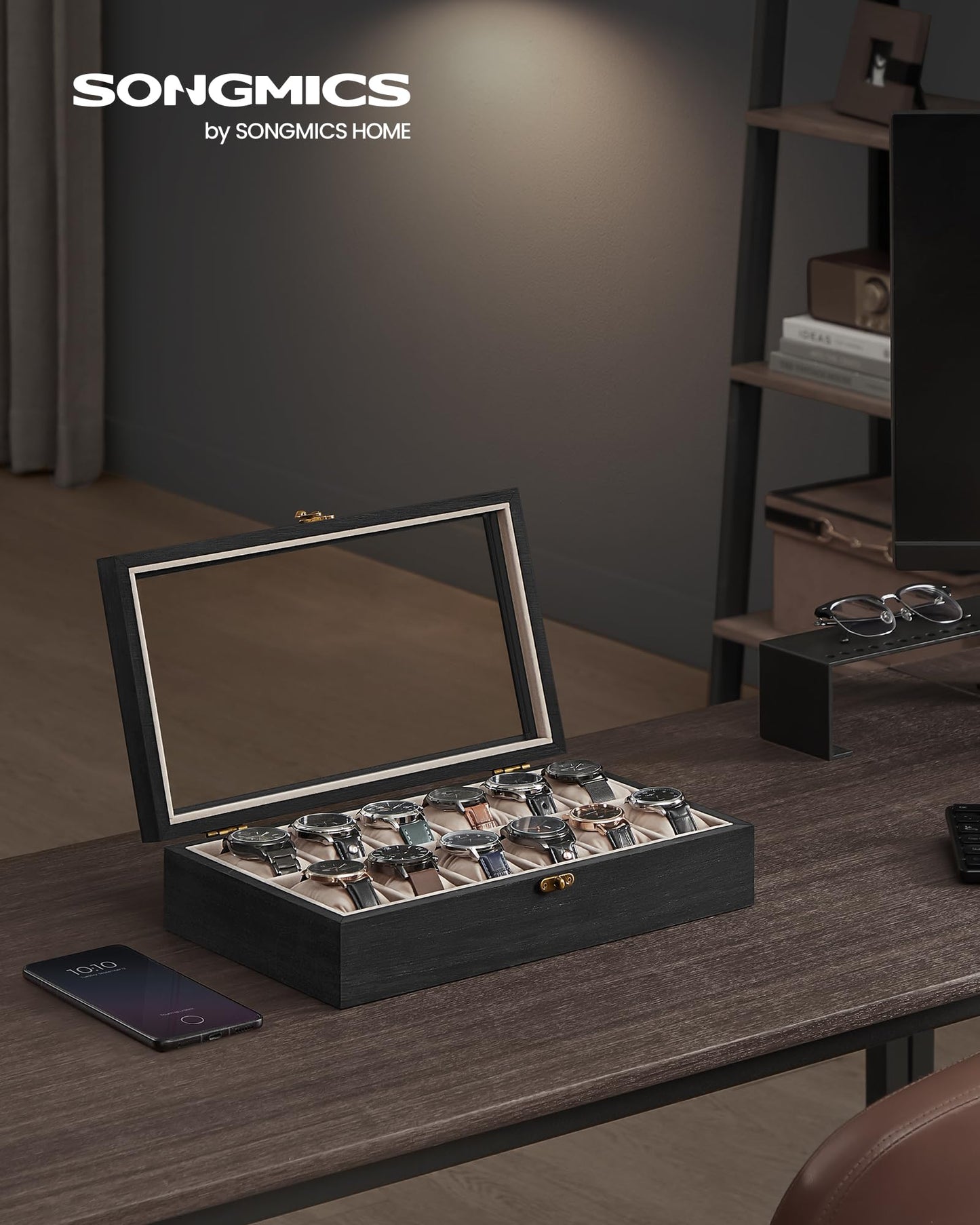 SONGMICS Solid Wood Watch Box Organizer with 12 Slots, Glass Lid, Ebony DEMO