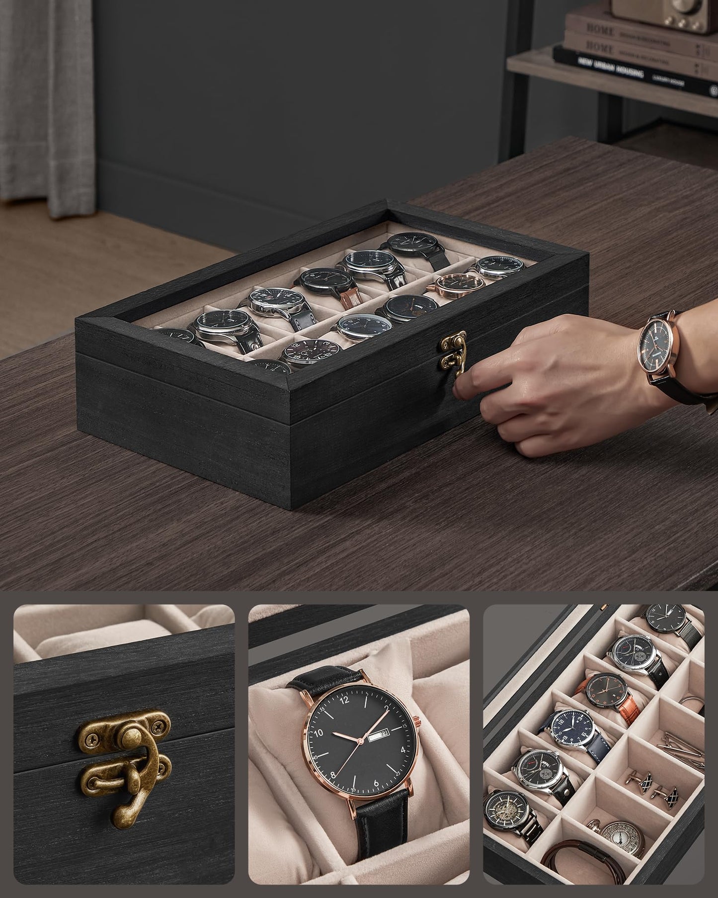SONGMICS Solid Wood Watch Box Organizer with 12 Slots, Glass Lid, Ebony DEMO